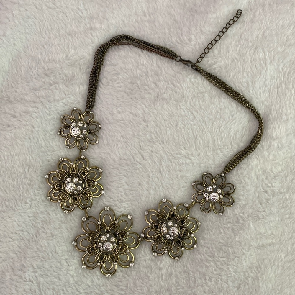 Bronze and rhinestone metallic brass necklace